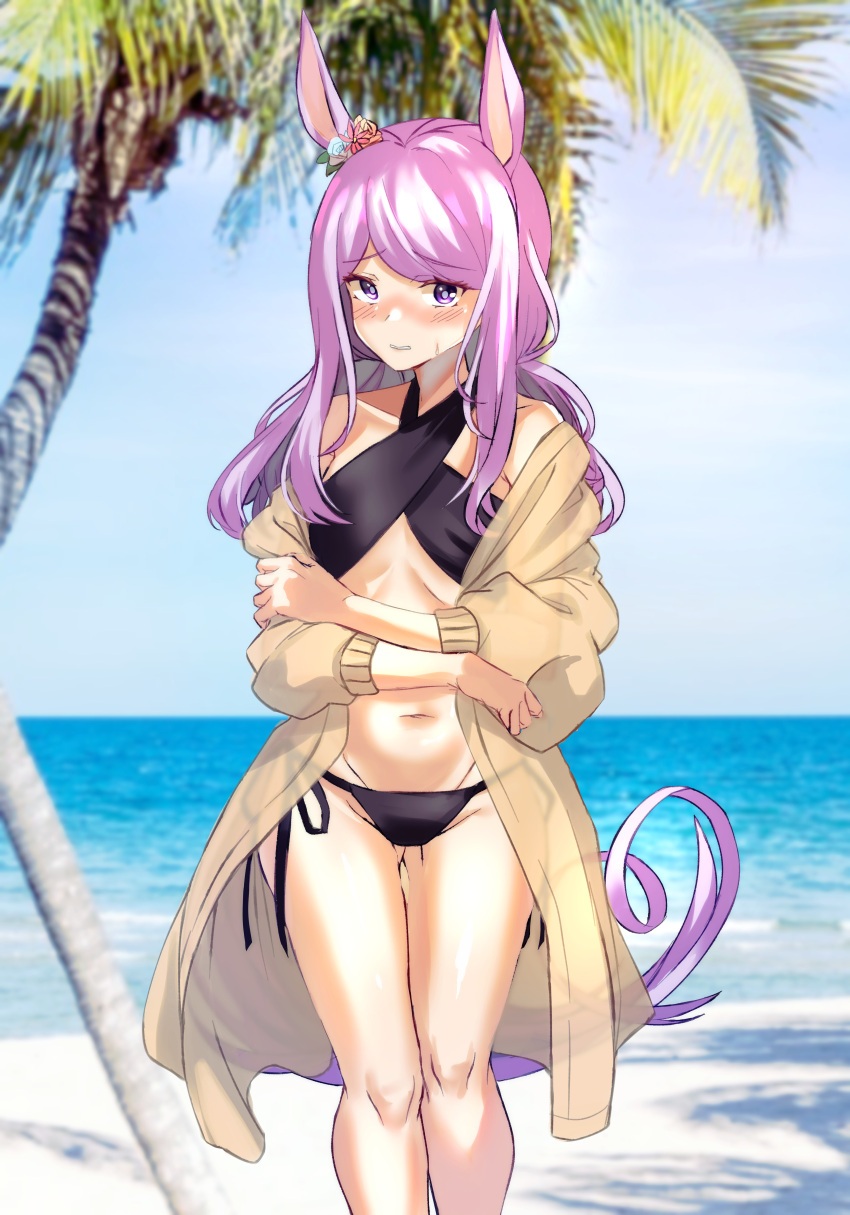 1girl absurdres alternate_costume ass_visible_through_thighs beach bikini black_bikini breasts brown_coat coat commentary_request criss-cross_halter ear_ornament feet_out_of_frame halterneck highres long_hair long_sleeves looking_at_viewer mejiro_mcqueen_(umamusume) navel ocean outdoors palm_tree purple_eyes purple_hair sand side-tie_bikini_bottom small_breasts solo swimsuit tomoru_(tomanvil_3) tree umamusume water