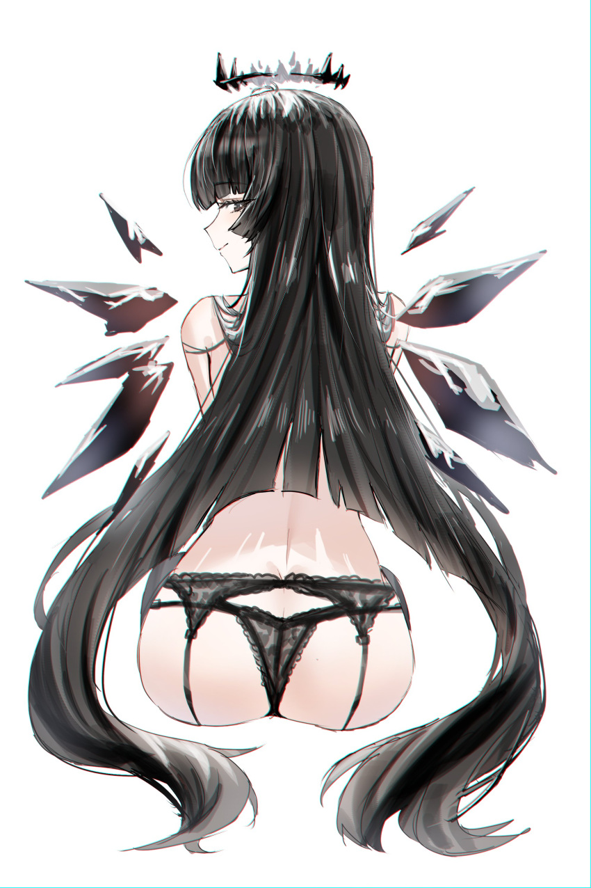 1girl absurdres arknights ass bare_shoulders black_eyes black_garter_straps black_halo black_panties black_wings blush closed_mouth commentary_request energy_wings from_behind garter_straps halo highres horn/wood looking_at_viewer looking_back mole mole_under_eye panties simple_background sitting smile solo underwear virtuosa_(arknights) white_background wings