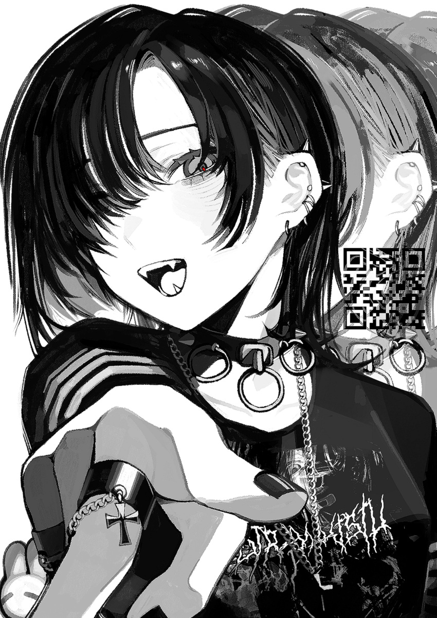 1girl absurdres breasts collar ear_piercing fangs greyscale hair_over_one_eye highres jewelry looking_at_viewer monochrome nail_polish open_mouth original piercing qr_code ring shirt simple_background sirayukisiu solo spiked_collar spikes spot_color upper_body zoom_layer