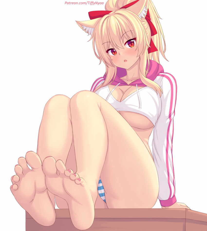 1girl animal_ear_fluff animal_ears ass bare_legs barefoot blonde_hair blush breasts collarbone cropped_hoodie feet highres hood hoodie large_breasts legs looking_at_viewer nottytiffy open_mouth original panties ponytail red_eyes simple_background sitting solo striped_clothes striped_panties tiffy_(nottytiffy) underwear white_background