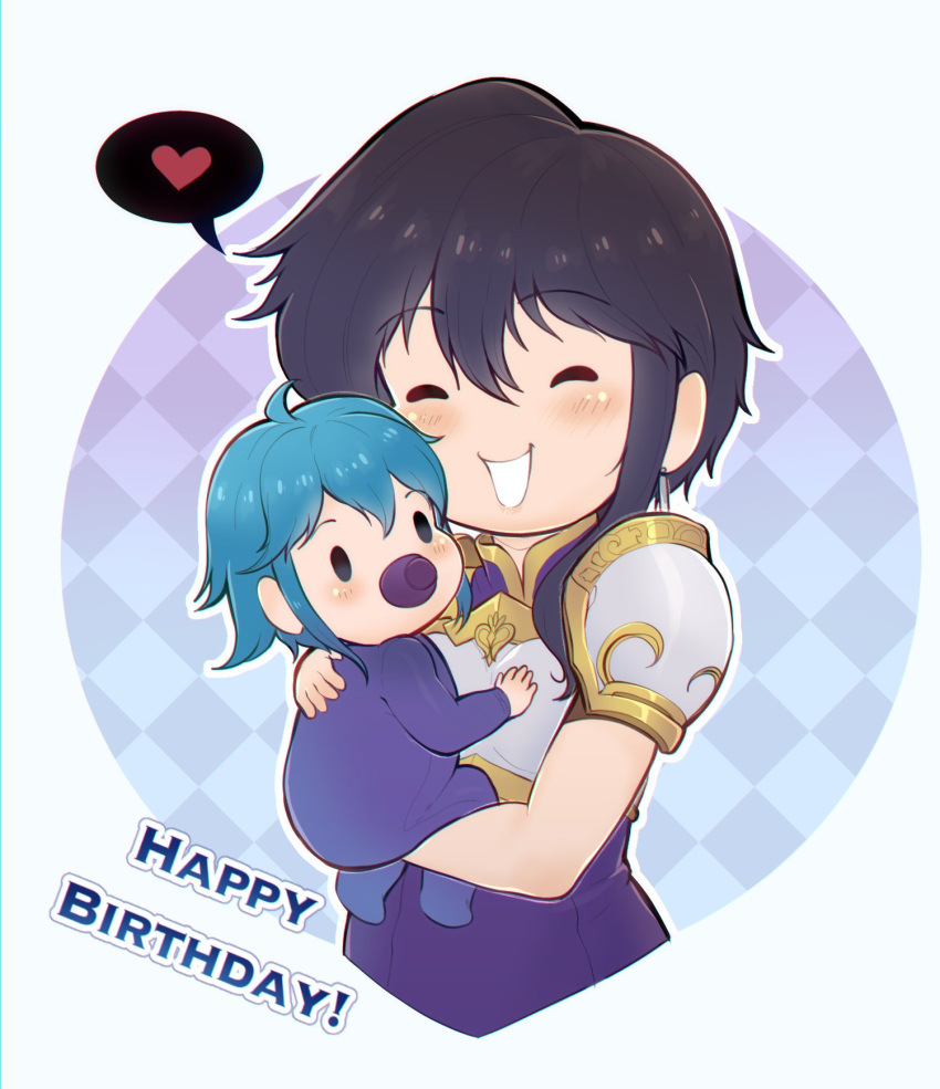 2girls ahoge armor baby black_hair blue_hair blush breastplate carrying closed_eyes evomanaphy fire_emblem fire_emblem:_genealogy_of_the_holy_war happy_birthday heart highres holding_baby if_they_mated larcei_(fire_emblem) looking_at_viewer mother_and_child multiple_girls onesie pacifier purple_tunic shoulder_armor sidelocks simple_background smile speech_bubble spoken_heart tunic