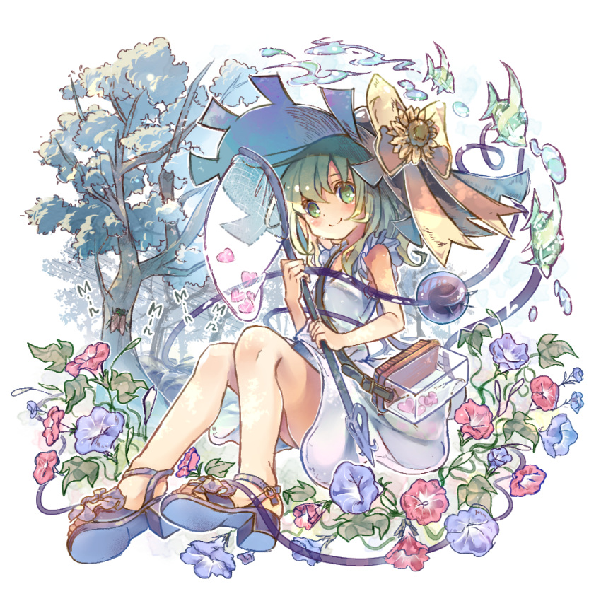 bangs bare_arms bare_legs blue_flower blush bow box breasts bug butterfly_net cicada clog_sandals dress feet fish flower forest frilled_dress frills full_body green_eyes green_hair hair_between_eyes hair_flower hair_ornament hand_net hat hat_bow heart heart_of_string highres holding holding_butterfly_net knees_together_feet_apart komeiji_koishi large_hat leaf legs_up looking_at_viewer medium_hair morning_glory nature no_socks red_flower sekisei_(superego51) simple_background sleeveless sleeveless_dress small_breasts smile sound_effects sunflower_hair_ornament thighs third_eye touhou tree water_drop wavy_hair white_background white_dress white_headwear yellow_bow