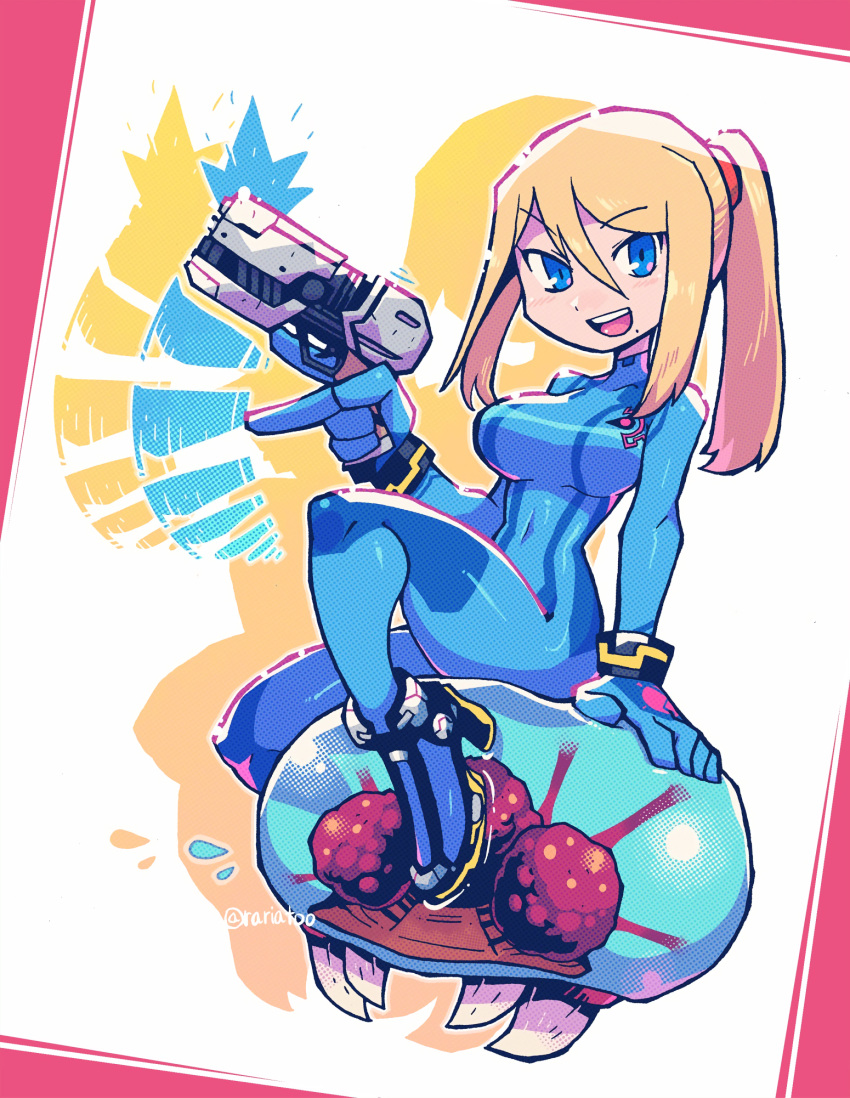 1girl :d blonde_hair blue_bodysuit blue_eyes bodysuit breasts covered_navel drop_shadow flying_sweatdrops gun hair_between_eyes high_heels highres holding holding_gun holding_weapon large_breasts long_hair looking_at_viewer metroid metroid_(creature) mole mole_under_mouth navel open_mouth ponytail rariatto_(ganguri) redrawn samus_aran smile solo teeth trigger_discipline twitter_username upper_teeth_only weapon wristband zero_suit