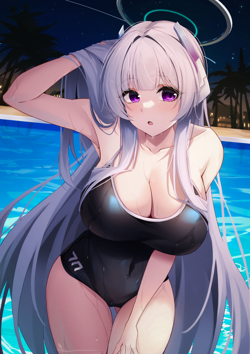 absurdres arm_up ass_visible_through_thighs bare_arms black_one-piece_swimsuit blue_archive blunt_bangs breasts cleavage collarbone competition_school_swimsuit covered_navel evening gradient_sky grey_hair halo hand_in_own_hair hand_on_own_thigh hidel highres large_breasts long_hair looking_at_viewer mechanical_halo noa_(blue_archive) one-piece_swimsuit outdoors palm_tree pool poolside purple_eyes school_swimsuit sidelocks sky star_(sky) swimsuit thigh_gap tree very_long_hair wet