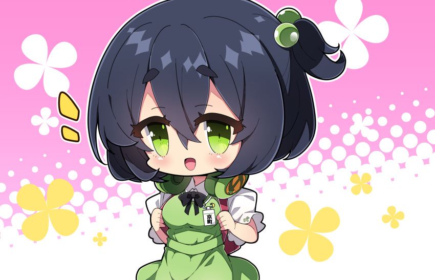 1girl :d backpack bag bangs black_hair blush collared_shirt commentary_request dress floral_background green_dress green_eyes hair_between_eyes hair_bobbles hair_ornament halftone halftone_background headphones headphones_around_neck highres holding_strap kyoumachi_seika milkpanda notice_lines one_side_up pink_background puffy_short_sleeves puffy_sleeves shirt short_sleeves smile solo voiceroid white_shirt