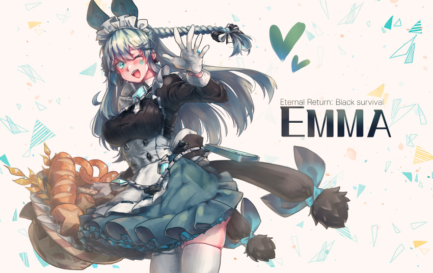 1girl :d alternate_costume apron arm_up bangs basket black_survival blue_bow blue_eyes blue_gemstone blue_hair blush bow braid bread breasts character_name commentary copyright_name cowboy_shot dress emma_hardy english_commentary enmaided eternal_return:_black_survival facial_hair food frilled_apron frilled_dress frills gem gloves hair_between_eyes hair_bow hair_ornament heart highres holding holding_basket large_breasts long_hair long_sleeves looking_at_viewer maid maid_apron maid_headdress multicolored_bow multicolored_clothes official_alternate_costume one_eye_closed open_mouth pretzel saragada smile solo spade_(shape) teeth thighhighs triangle underbust upper_teeth_only wheat white_gloves white_thighhighs zettai_ryouiki