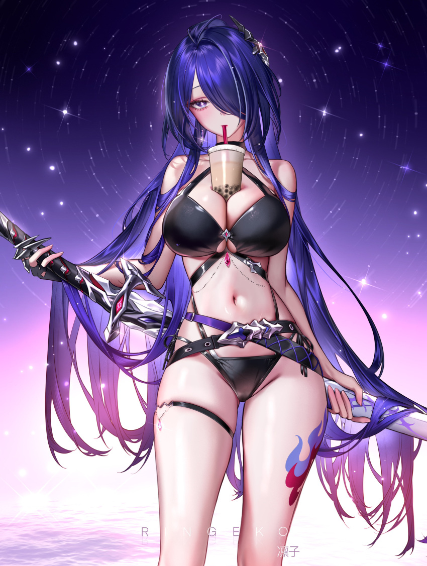 1girl absurdres acheron_(honkai:_star_rail) bare_legs bare_shoulders belt bikini blush breasts bubble_tea bubble_tea_challenge cleavage hair_ornament hair_over_one_eye highres holding holding_sword holding_weapon honkai:_star_rail honkai_(series) katana leg_tattoo legband legs long_hair navel purple_eyes purple_hair ringeko-chan side-tie_bikini_bottom solo swimsuit sword tattoo thighs very_long_hair weapon