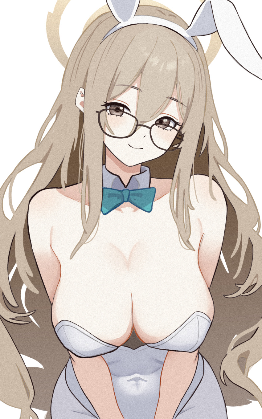 1girl absurdres akane_(blue_archive) akane_(bunny)_(blue_archive) animal_ears aqua_bow aqua_bowtie binware black-framed_eyewear blue_archive bow bowtie breasts brown_halo cleavage covered_navel detached_collar fake_animal_ears glasses halo highres large_breasts leotard light_brown_hair looking_at_viewer official_alternate_costume pantyhose playboy_bunny smile strapless strapless_leotard traditional_bowtie white_background white_leotard white_pantyhose