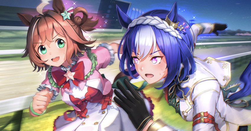 2girls ahoge animal_ears black_gloves blue_hair bow bowtie braid brown_hair cesario_(umamusume) clenched_hand crown_braid ear_ornament gloves green_eyes hair_between_eyes highres horse_ears horse_girl horse_racing_track jacket looking_at_another medium_hair multicolored_hair multiple_girls ponpochi purple_eyes red_bow red_bowtie rhein_kraft_(umamusume) running short_hair star-shaped_pupils star_(symbol) streaked_hair symbol-shaped_pupils two-tone_hair umamusume white_hair white_jacket