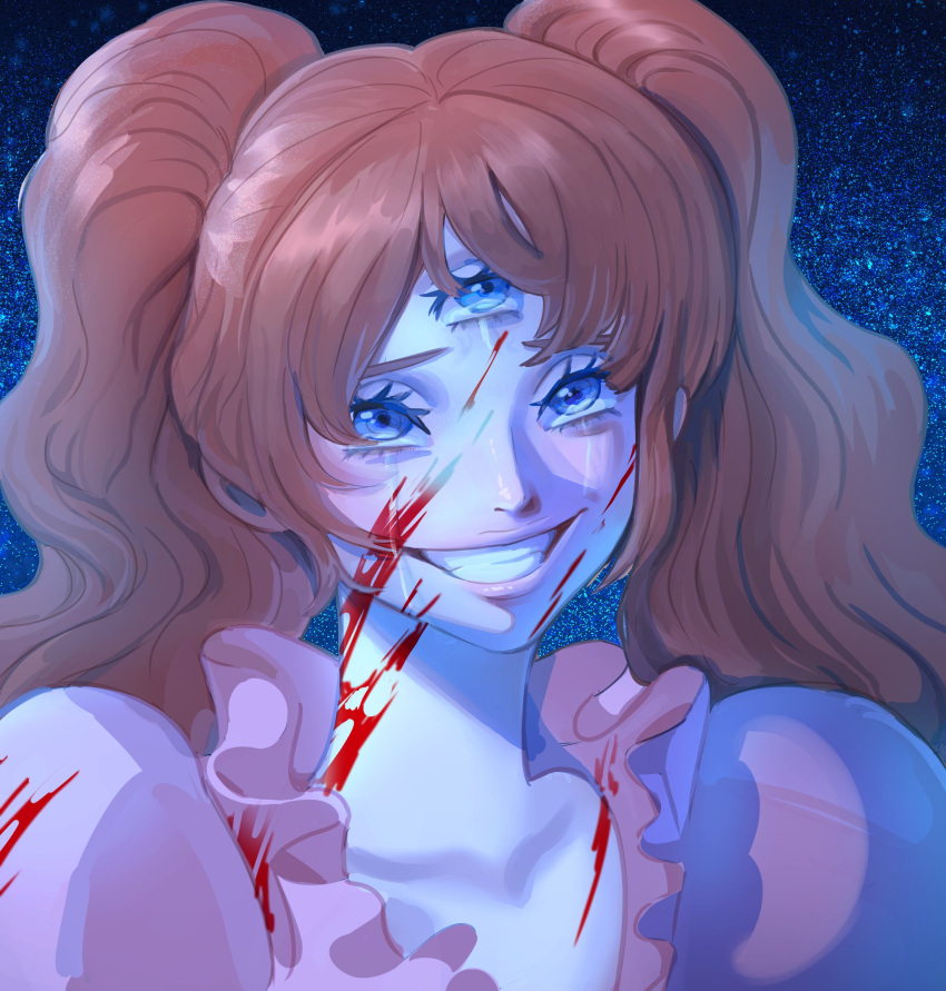 1girl absurdres blood blood_on_clothes blood_on_face blue_eyes blush brown_hair charlotte_pudding commentary_request crying crying_with_eyes_open dress eyelashes highres long_hair looking_at_viewer nose one_piece pink_dress rita_ya sad_smile solo tears teeth third_eye twintails upper_body