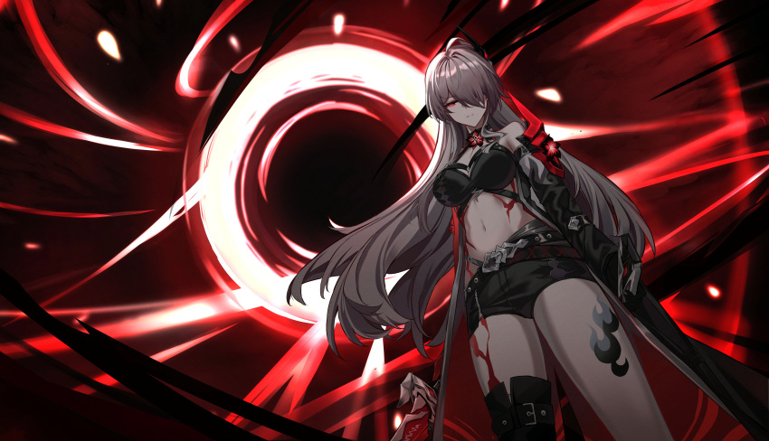 1girl absurdres acheron_(honkai:_star_rail) black_choker black_coat black_gloves black_hole black_shorts body_markings breasts choker cleavage coat coattails czk detached_sleeves flower gloves hair_over_one_eye highres holding holding_sword holding_weapon honkai:_star_rail honkai_(series) leg_tattoo long_hair midriff navel official_alternate_color red_eyes red_flower short_shorts shorts single_bare_shoulder solo stomach sword tattoo weapon white_hair