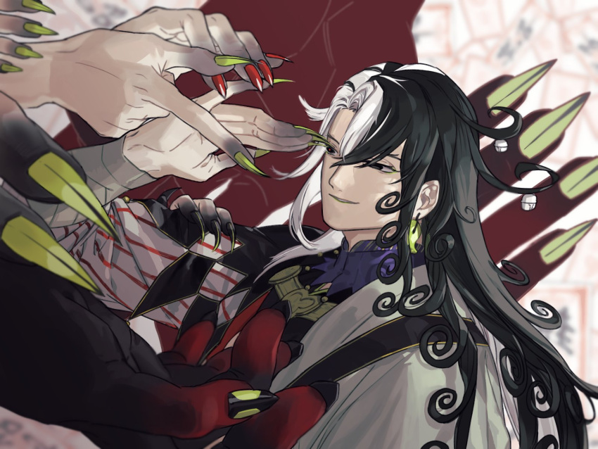1boy ashiya_douman_(fate) black_eyes black_hair black_skin colored_skin extra_hands eyeshadow fate/grand_order fate_(series) fingernails green_eyeshadow green_lips green_nails hand_focus highres large_hands long_hair makeup male_focus mismatched_pupils multicolored_hair own_hands_together plm233 sharp_fingernails solo_focus split-color_hair very_long_fingernails very_long_hair white_hair