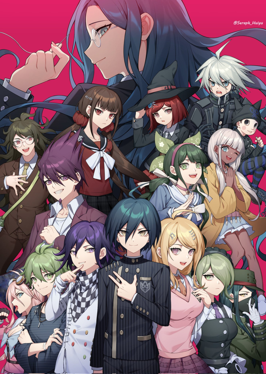 6+boys 6+girls ahoge akamatsu_kaede amami_rantaro androgynous animal_ear_headwear animal_ears antenna_hair arm_belt bandaged_hand bandages bare_legs beanie bell belt bikini black_belt black_choker black_collar black_dress black_eyes black_footwear black_gloves black_hat black_jacket black_mask black_pants black_sailor_collar black_scarf black_skirt blazer blonde_hair blue_bow blue_bowtie blue_eyes blue_hair blue_pants blue_shirt blue_skirt blue_sleeves blunt_ends blush_stickers bow bowtie breasts brooch brown_hair brown_jacket brown_sleeves brown_suit buttons cat_ears chabashira_tenko check_spoilers checkered_clothes checkered_scarf chinese_commentary choker cigarette cleavage closed_mouth coat coattails collar collared_jacket collared_shirt commentary_request cowboy_shot crest crossed_arms crossed_legs cuffs danganronpa_(series) danganronpa_v3:_killing_harmony dark-skinned_female dark_skin double-breasted dress everyone ewa_(seraphhuiyu) eyelashes facial_hair fake_animal_ears fighting_stance finger_to_own_chin fingernails floral_print frilled_hairband frilled_shirt_collar frilled_skirt frills frown full_body furrowed_brow gakuran gem_hair_ornament glasses gloves goatee gokuhara_gonta green_bow green_eyes green_hair green_hat green_jacket green_necktie green_sleeves grey_eyes grey_hairband grey_vest grin hair_between_eyes hair_bow hair_ornament hair_over_one_eye hair_over_shoulder hair_scrunchie hairband hairclip hand_on_headwear hand_on_own_arm hand_on_own_chest hand_on_own_face harukawa_maki hat hat_belt highres holding holding_cigarette holding_sewing_needle hoshi_ryoma insect_cage iruma_miu jacket jewelry k1-b0 knees large_breasts layered_sleeves leather leather_jacket light_frown long_hair long_sleeves looking_at_viewer low_twintails mask messy_hair miniskirt mole mole_under_mouth momota_kaito mouth_mask multicolored_buttons multiple_belts multiple_boys multiple_girls multiple_hair_bows multiple_rings musical_note musical_note_hair_ornament musical_note_print neck_bell necklace necktie oma_kokichi one_eye_closed open_clothes open_coat open_mouth orange_necktie own_hands_together paintbrush pants parted_lips peaked_cap pendant pink_background pink_belt pink_choker pink_hairband pink_shirt pink_sleeves pink_vest pinstripe_jacket pinstripe_pants pinstripe_pattern pleated_skirt pocket pointing pointing_at_self poster_(medium) praying purple_coat purple_eyes purple_hair purple_necktie purple_skirt red_belt red_eyes red_hair red_scrunchie red_shirt red_skirt ring round_eyewear saihara_shuichi sailor_collar scarf school_uniform scrunchie serafuku shackles shell shell_necklace shinguji_korekiyo shirogane_tsumugi shirt shoes short_hair simple_background single_ankle_cuff sitting skirt sleeveless sleeveless_dress sleeves_past_wrists smile smirk spiked_hair spoilers straight_hair striped_clothes striped_pants striped_shirt suit swimsuit teeth thread tojo_kirumi tongue twintails twitter_username two-tone_pants two-tone_scarf unmoving_pattern upper_teeth_only v-neck v-shaped_eyebrows vertical-striped_sleeves very_long_hair vest white_belt white_bikini white_bow white_bowtie white_bracelet white_footwear white_hair white_jacket white_sailor_collar white_scarf white_shirt white_sleeves wide_sleeves witch_hat yellow_eyes yellow_raincoat yellow_sleeves yonaga_angie yumeno_himiko zipper