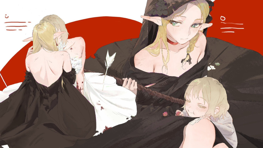 2girls adapted_costume aged_down arrow_(projectile) backless_dress backless_outfit bare_back bare_shoulders berry black_dress black_hood blonde_hair blood blood_on_arm blood_on_clothes body_fur child choker commentary couple detached_hood detached_sleeves dress dungeon_meshi ear_covers eating elf falin_touden falin_touden_(chimera) flat_chest flower food fruit green_eyes grey_hair hair_over_shoulder hand_up highres holding holding_food holding_fruit holding_staff hood hood_up hooded_dress implied_kiss le_(szs0k) long_hair long_sleeves marcille_donato marcille_donato_(lord) multiple_girls multiple_views parted_hair planted planted_arrow pointy_ears red_background short_hair sideways_glance sitting spoilers staff strapless strapless_dress white_background white_dress white_flower yuri