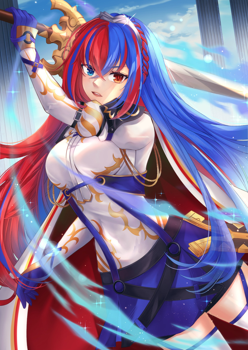 1girl absurdres alear_(female)_(fire_emblem) alear_(fire_emblem) armor blue_eyes blue_hair braid breasts crossed_bangs crown_braid fire_emblem fire_emblem_engage hair_between_eyes heterochromia highres holding holding_sword holding_weapon liberation_(fire_emblem) long_hair lunavanilla medium_breasts multicolored_hair open_mouth red_eyes red_hair solo split-color_hair sword thighhighs tiara two-tone_hair very_long_hair weapon