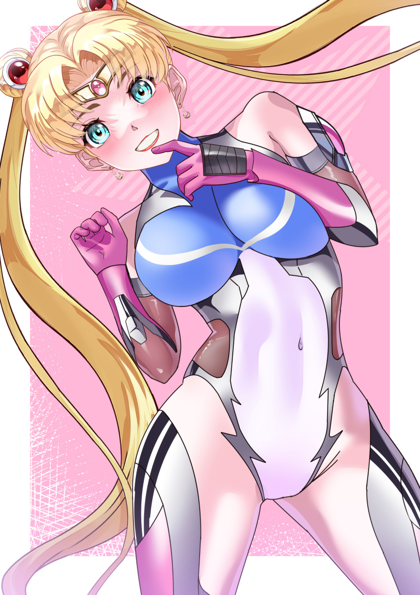 1girl absurdres arion_canvas bishoujo_senshi_sailor_moon blonde_hair blue_eyes blush bodysuit breasts gloves highres large_breasts long_hair looking_at_viewer magical_girl sailor_moon skin_tight smile solo taimanin_suit tsukino_usagi twintails