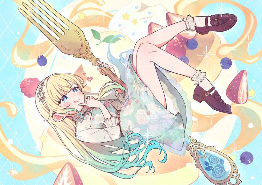 1girl :q aizawa_ema aizawa_ema_(3rd_costume) aqua_dress belt blonde_hair blue_eyes blue_hair blue_nails blunt_bangs breasts brown_belt dress earrings fingernails floral_print flower food fork frilled_socks frills fruit full_body gradient_hair hair_flaps hair_flower hair_ornament half-sleeves haremoto headband highres holding holding_fork jewelry lace-trimmed_collar lace-trimmed_dress lace-trimmed_shirt lace-trimmed_sleeves lace_trim light_blush long_hair multicolored_hair nail_polish print_socks see-through_skirt_layer shirt smile socks solo swept_bangs tongue tongue_out twitter_username virtual_youtuber vspo!