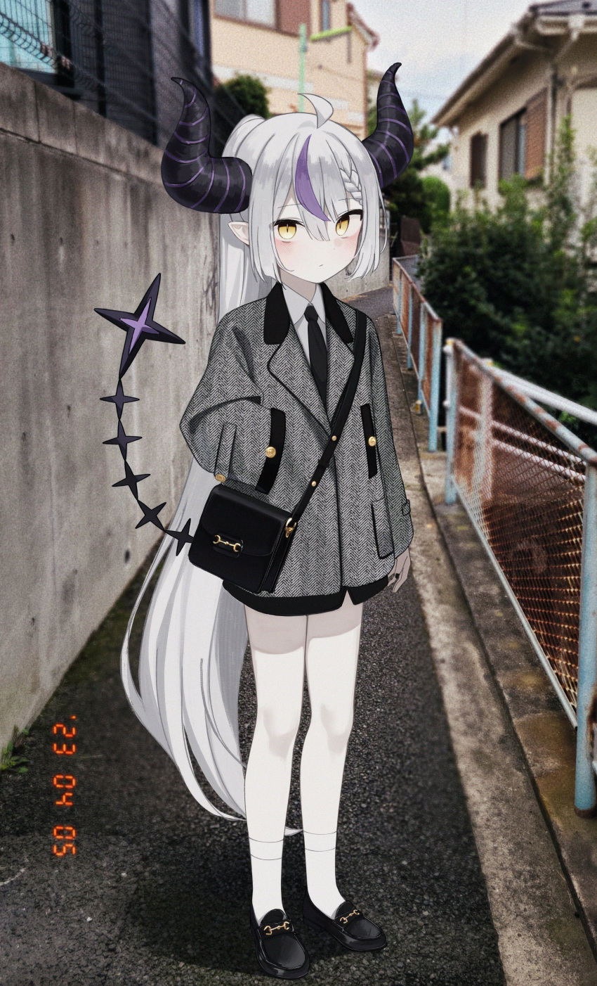 1girl absurdly_long_hair absurdres ahoge alternate_costume arm_at_side black_bag black_footwear black_horns black_necktie blush braid braided_bangs closed_mouth collared_shirt commentary dated day demon_girl demon_horns dot_mouth formal full_body grey_hair grey_jacket grey_suit hair_between_eyes hand_in_pocket highres hololive horns house jacket karou_(lhscck302) korean_commentary la+_darknesss long_hair long_sleeves looking_at_viewer multicolored_hair necktie outdoors photo_background pointy_ears purple_hair shirt shoes sidelocks slit_pupils socks solo standing streaked_hair striped_horns suit tail very_long_hair virtual_youtuber white_shirt white_socks yellow_eyes