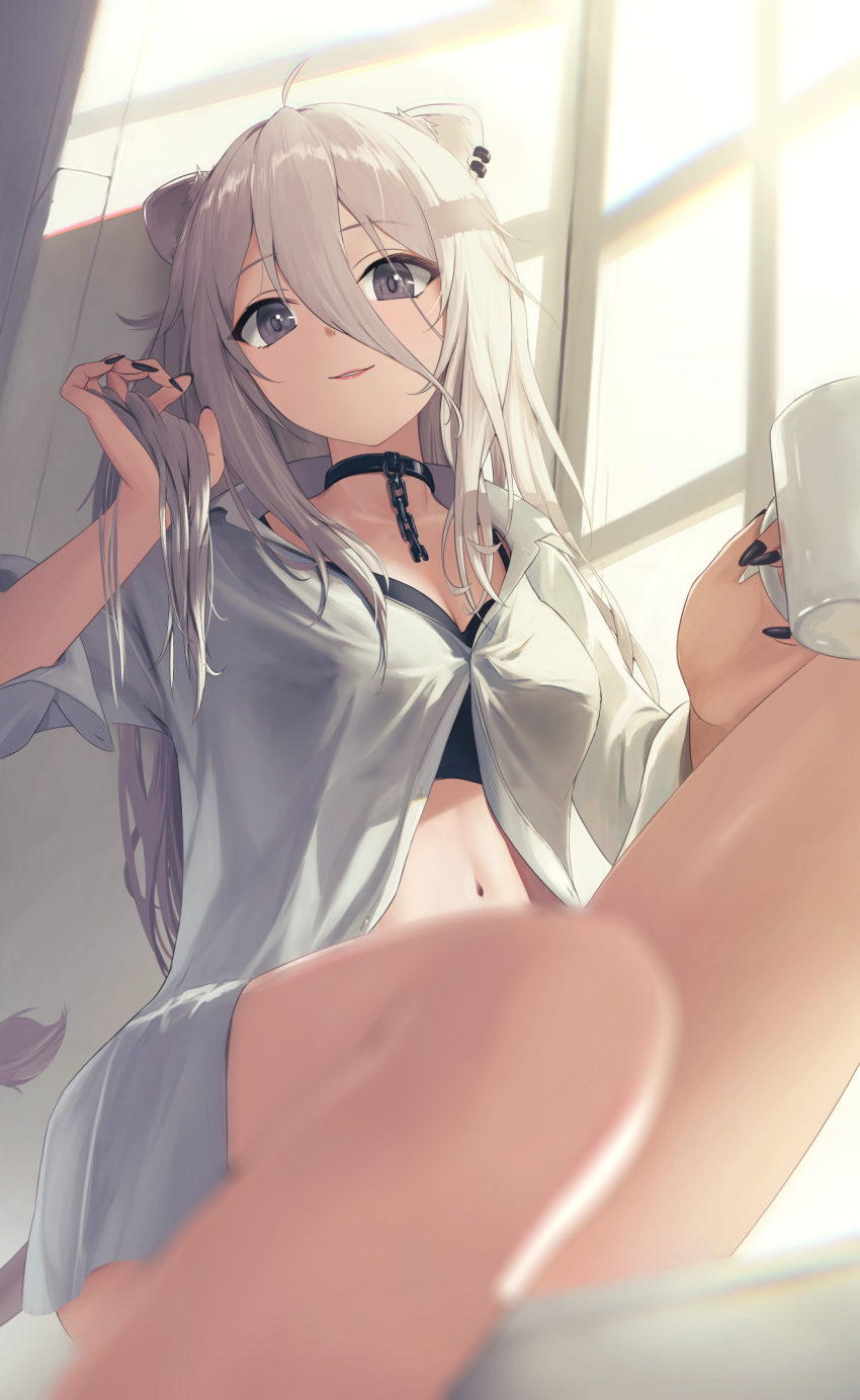 1girl ahoge alternate_costume animal_ear_piercing animal_ears bare_legs black_bra black_choker black_eyes black_nails blurry bra breasts broken broken_chain chain choker closed_mouth commentary cup depth_of_field english_commentary feet_out_of_frame grey_hair hair_between_eyes hand_in_own_hair highres holding holding_cup hololive lion_ears lion_girl lion_tail long_hair looking_at_viewer medium_breasts mixed-language_commentary nail_polish navel partially_unbuttoned shirt shishiro_botan sitting smile solo sunlight tail torjun_111 underwear virtual_youtuber white_shirt window