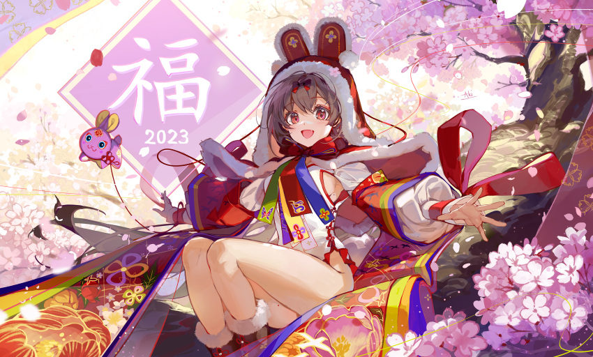 1girl 2023 :d akizero1510 animal_ears bangs bare_legs boots breasts cherry_blossoms day detached_sleeves falling_petals fur-trimmed_boots fur_trim highleg highleg_leotard highres leotard leotard_under_clothes light_rays long_hair long_sleeves looking_at_viewer nature new_year open_mouth original outdoors outstretched_arms petals rabbit_ears sleeveless small_breasts smile solo spread_arms sunbeam sunlight tree white_leotard