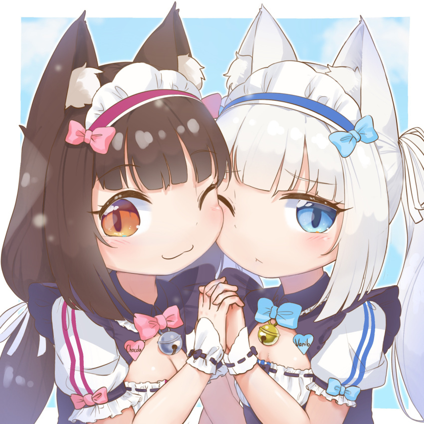 2girls :&lt; :3 alternate_hairstyle animal_ear_fluff animal_ears bell bi_neko706 blue_bow blue_bowtie blunt_bangs blush bow bowtie breasts cat_ears cat_girl cheek_press chibi chibi_only chocola_(nekopara) cleavage cleavage_cutout closed_mouth clothing_cutout commentary_request eyelashes frown furrowed_brow hair_bow hair_ribbon hairstyle_switch hand_up happy heads_together highres holding_hands interlocked_fingers jingle_bell long_hair looking_at_viewer low_twintails maid maid_headdress multiple_girls neck_bell nekopara one_eye_closed pink_bow pink_bowtie puffy_short_sleeves puffy_sleeves ribbon short_sleeves sleeve_bow small_breasts smile tareme tsurime twintails upper_body vanilla_(nekopara) waitress white_ribbon