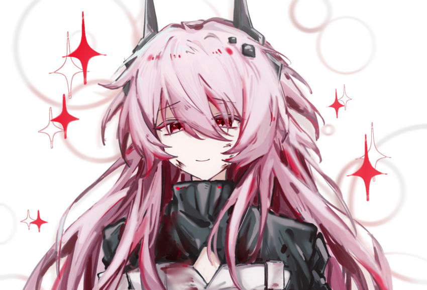 1girl arknights blood blood_on_clothes blood_on_face closed_mouth commentary hair_between_eyes highres horns jiekuijiangshadaonijiamenkou long_hair no_nose pink_eyes pink_hair portrait smile solo sparkle symbol-only_commentary theresa_(arknights)