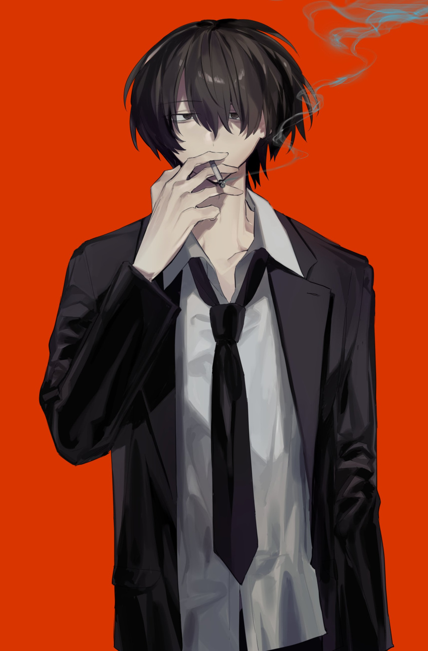 1boy absurdres arm_at_side black_coat black_necktie brown_eyes brown_hair chainsaw_man character_request cigarette coat collared_shirt hand_up higa423 highres holding holding_cigarette long_sleeves looking_at_viewer necktie open_clothes open_coat red_background shirt short_hair smoking solo straight-on upper_body white_shirt