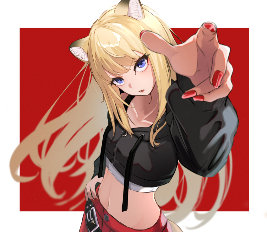 1girl animal_ears bangs blonde_hair blue_eyes breasts hand_on_hip highres hood hooded_jacket jacket kasoku_souchi kmnz long_hair looking_at_viewer mc_lita midriff navel open_mouth red_nails solo