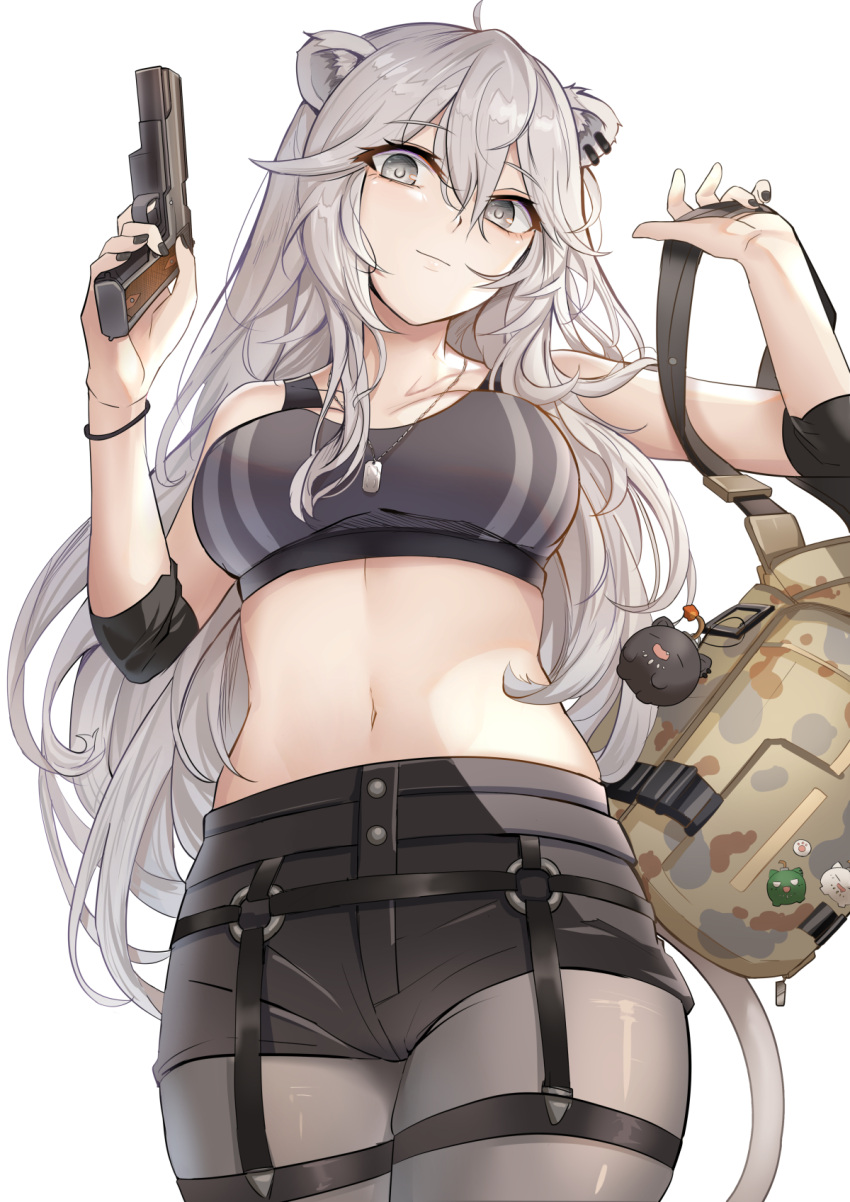 1girl ahoge animal_ears bag bangs bare_shoulders black_nails black_shorts black_wristband breasts crop_top earrings elbow_sleeve grey_eyes grey_hair grey_pantyhose gun hair_between_eyes handgun hands_up highres holding holding_bag holding_gun holding_strap holding_weapon hololive jewelry large_breasts light_smile lion_ears lion_girl lion_tail long_hair looking_at_viewer looking_down messy_hair midriff nail_polish pantyhose shirt shishiro_botan shorts sidelocks simple_background sleeveless sleeveless_shirt solo ssrb_(shishiro_botan) tail thigh_strap two_side_up very_long_hair virtual_youtuber weapon white_background yougen_kitsune