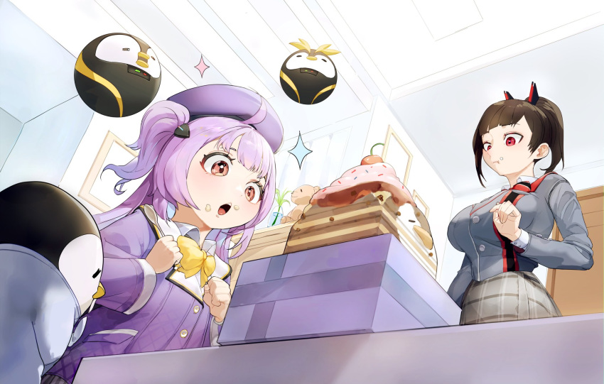 2girls beret black_hair breasts cake food food_on_face goddess_of_victory:_nikke hat highres multiple_girls open_mouth oung69 ponytail purple_hair red_eyes rei_(nikke) school_uniform serafuku skirt two_side_up