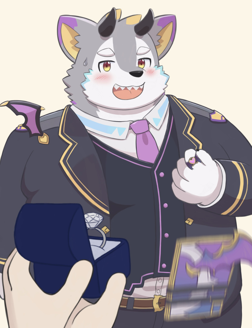 absurd_res anthro belphegor_(tas) blush clothing demon digit_ring embarrassed fur grey_body grey_fur hi_res horn jewelry lifewonders male marriage_proposal meiwan666 necktie overweight ring solo suit tokyo_afterschool_summoners topwear vest wedding_ring