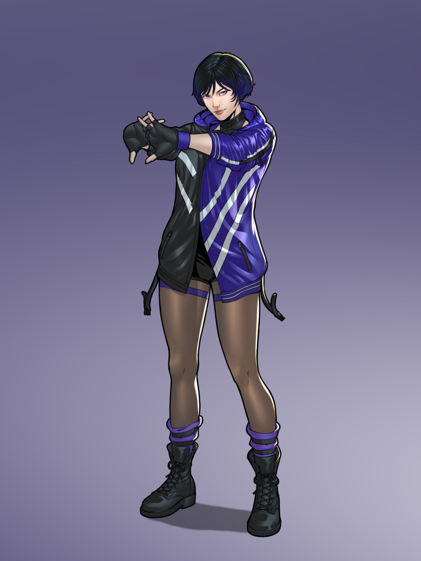 1girl absurdres black_footwear black_gloves black_hair boots colored_tips fingerless_gloves gloves highres invictarex jacket multicolored_clothes multicolored_hair multicolored_jacket pantyhose purple_hair purple_jacket purple_leg_warmers reina_(tekken) solo tekken tekken_8 two-tone_hair two-tone_jacket