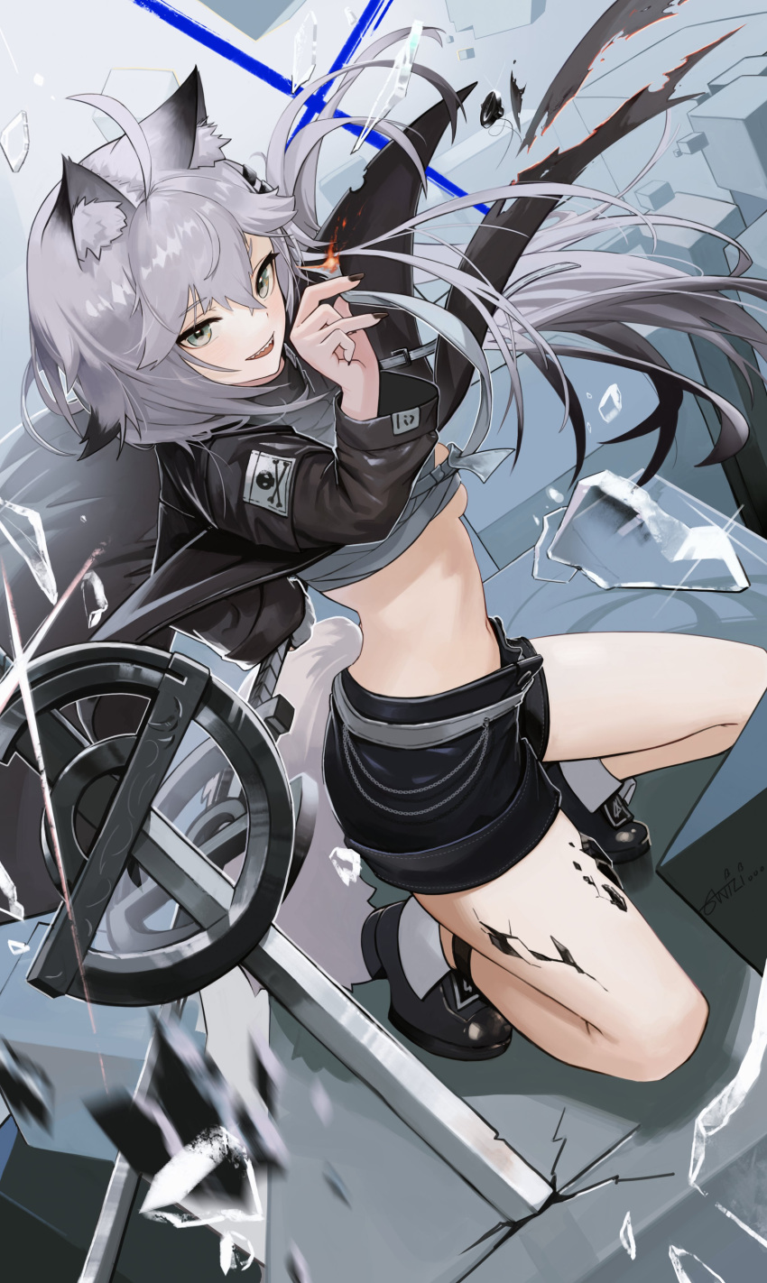 1girl absurdres ahoge animal_ear_fluff animal_ears anizi arknights black_coat black_jacket black_nails black_shorts blush breasts chest_sarashi coat commentary embers grey_eyes grey_hair hair_ornament hairclip highres jacket kneeling lappland_(arknights) long_hair looking_at_viewer multicolored_hair navel open_mouth revision sarashi scar scar_across_eye scar_on_face short_shorts shorts skindentation small_breasts smile solo tail two-tone_hair white_hair wolf_ears wolf_girl wolf_tail