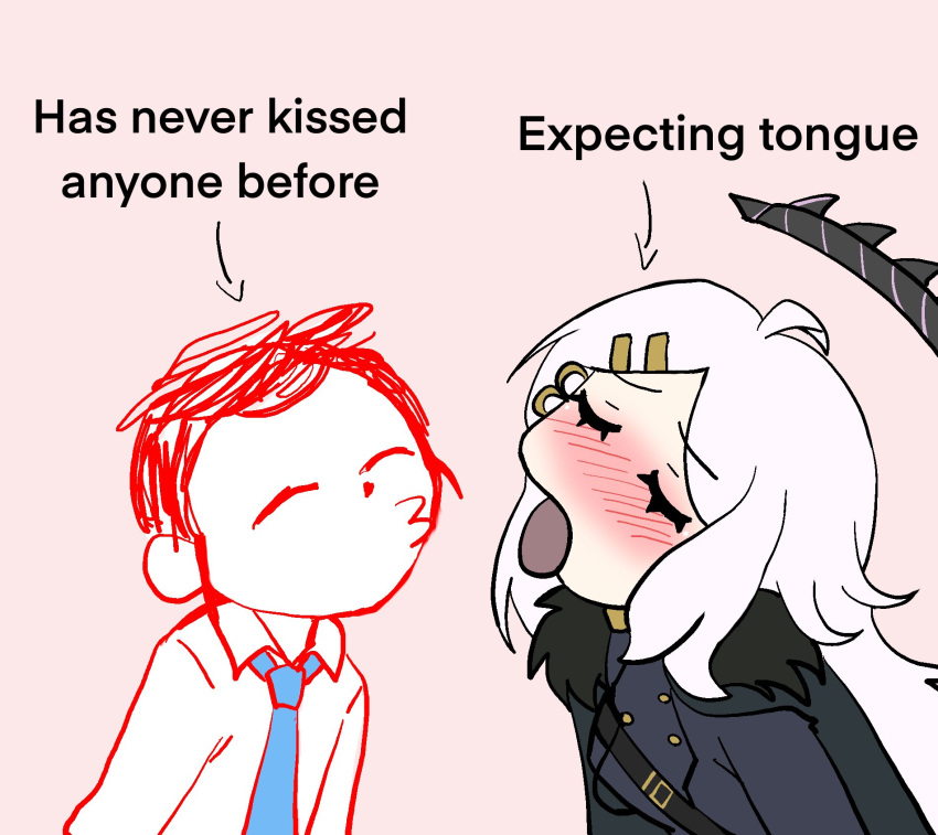 1boy 1girl ahoge arrow_(symbol) black_halo black_jacket blue_archive blue_necktie blush closed_eyes coat coat_on_shoulders collared_shirt doodle_sensei_(blue_archive) english_text halo hasn't_kissed_anyone_ever_vs_expecting_a_kiss_with_tongue_(meme) hetero highres hina_(blue_archive) jacket long_hair meme necktie puckered_lips sensei_(blue_archive) shiijeikun shirt simple_background tongue tongue_out white_hair white_shirt