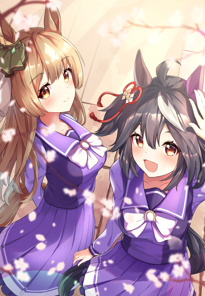 2girls absurdres ahoge arms_behind_back black_hair breasts brown_hair cherry_blossoms closed_mouth collarbone commentary_request cowboy_shot ear_ornament falling_petals frills hair_between_eyes hair_ornament highres horse_girl kitasan_black_(umamusume) looking_at_viewer medium_breasts medium_hair multiple_girls one_eye_closed open_mouth outdoors petals red_eyes satono_diamond_(umamusume) school_uniform smile sunny_(20597521) tracen_school_uniform umamusume yellow_eyes