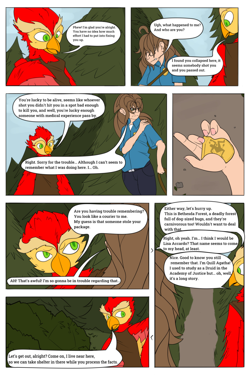 2:3 anthro avian beak bird chazster clothing comic duo english_text eyewear feathers female forest glasses green_eyes hair hi_res human light_realm light_realm:_artificial_island lisa_accardo_(light_realm) long_hair male mammal owl plant quill_agatha_(light_realm) red_body red_feathers speech_bubble text tree tunic uniform webcomic webcomic_character