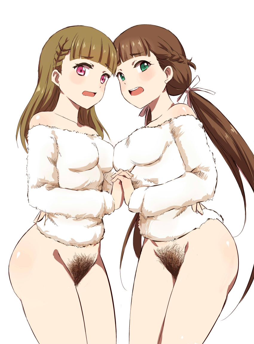 2girls absurdres blush bottomless box_wonderland braid breasts brown_hair commentary embarrassed english_commentary excessive_pubic_hair female_pubic_hair fur_sweater green_eyes hair_ribbon hand_on_another's_waist highres holding_hands interlocked_fingers kachimachi_kosuzu light_brown_hair link!_like!_love_live! long_hair long_sleeves looking_at_viewer love_live! love_live!_superstar!! low_twintails multiple_girls open_clothes pink_eyes pubic_hair ribbon sakurakoji_kinako shiny_skin sweater twintails white_background white_sweater