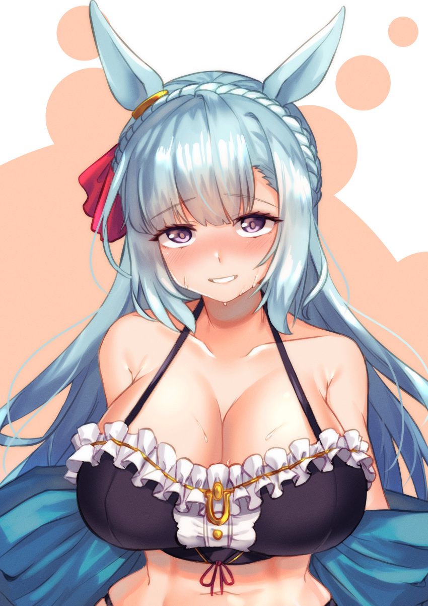 1girl absurdres adapted_costume animal_ears bare_shoulders bikini blue_hair blush braid breasts cleavage commentary_request crown_braid ear_ornament frilled_bikini frills grin highres horse_ears horse_girl large_breasts light_blue_hair long_hair mejiro_ardan_(umamusume) navel simple_background smile solo sweat swimsuit tomoru_(tomanvil_3) two-tone_background umamusume upper_body very_long_hair white_background