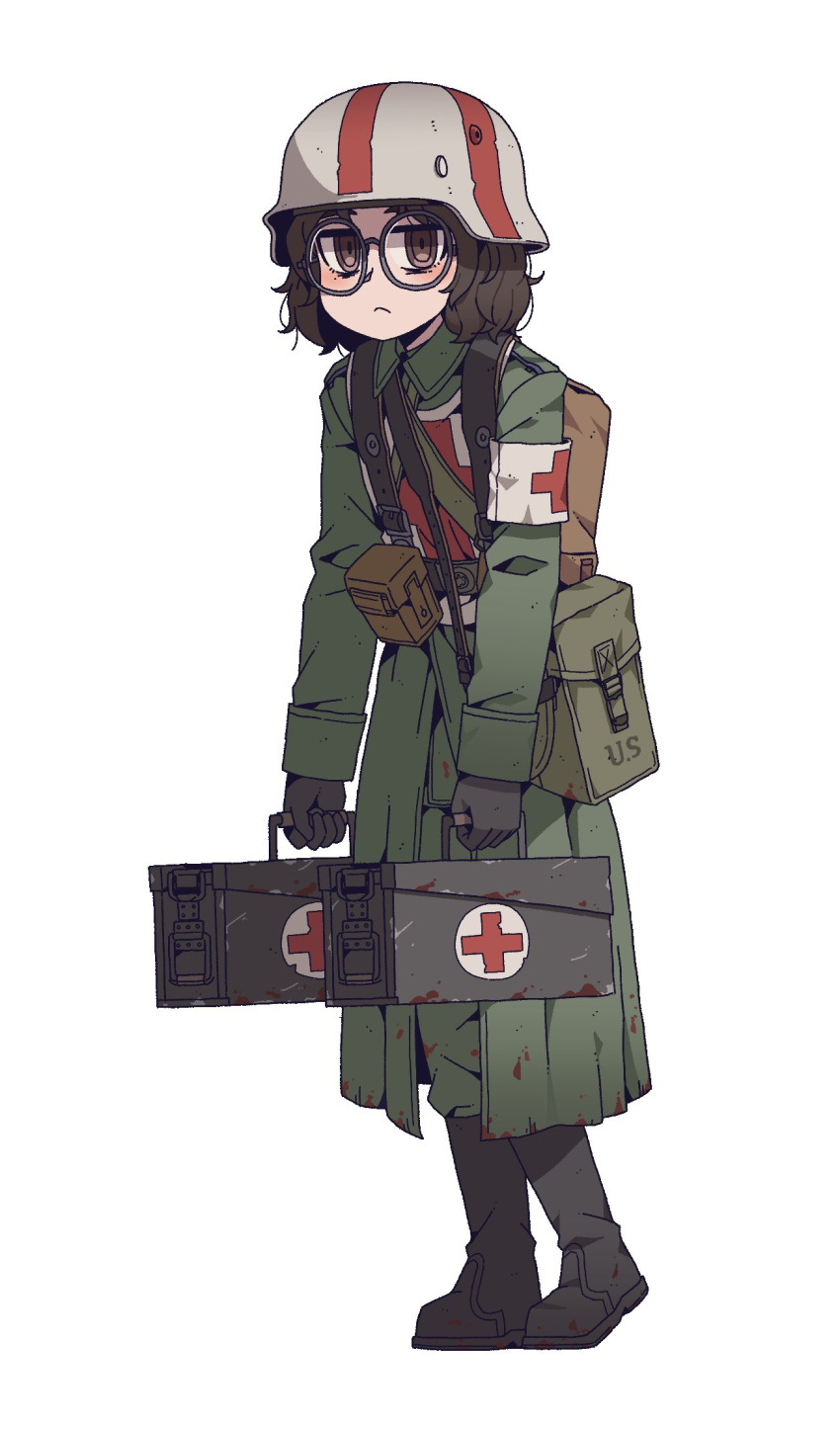 1girl abigail_(panzerfritz) ammunition_box armband artist_request belt black_footwear black_gloves boots borrowed_character brown_eyes brown_hair check_artist closed_mouth coat cross frown full_body glasses gloves green_coat green_pants helmet highres holding karepack medium_hair military military_helmet military_uniform original pants red_cross round_eyewear simple_background solo stahlhelm uniform white_background