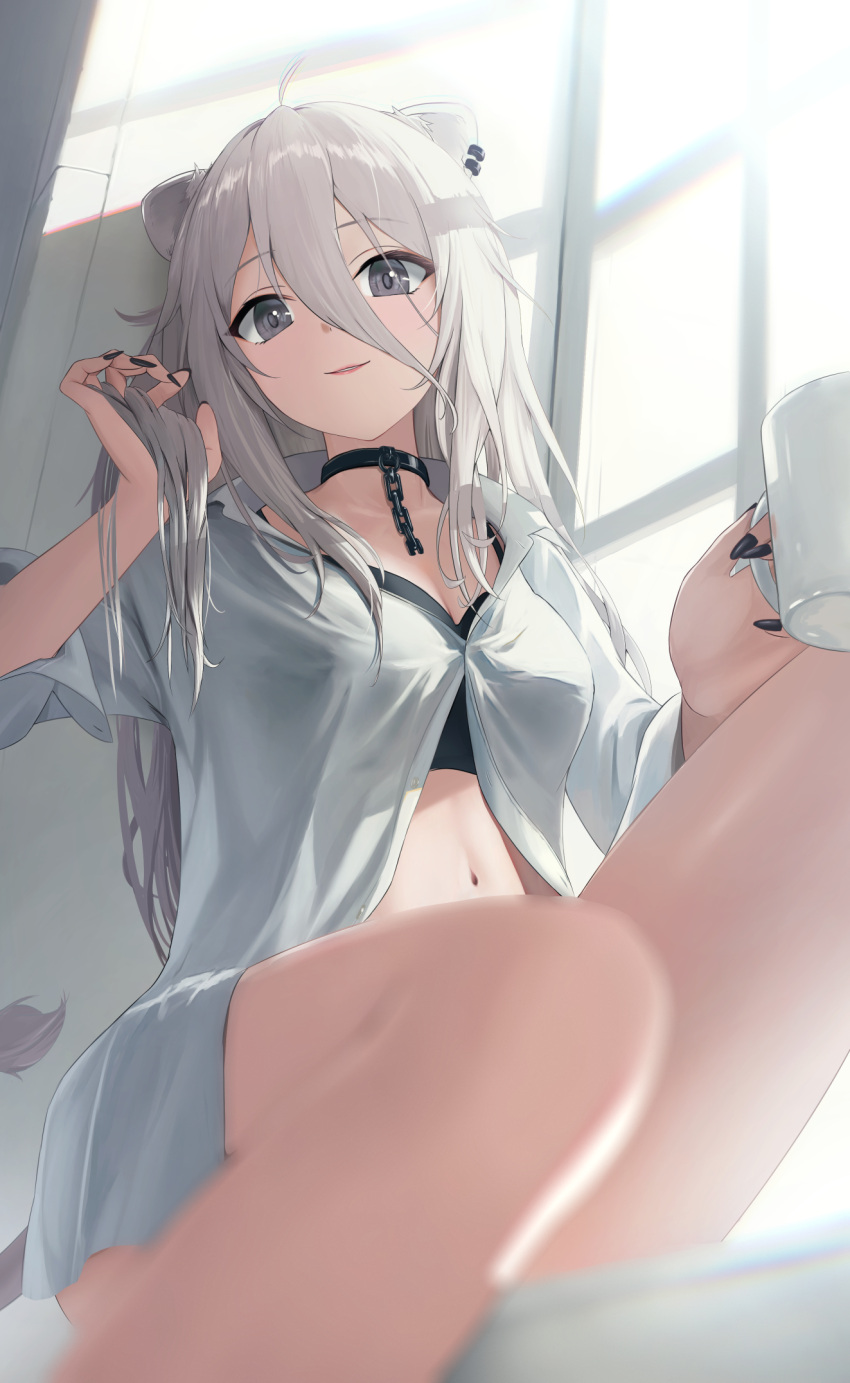 1girl ahoge alternate_costume animal_ear_piercing animal_ears bare_legs black_bra black_choker black_eyes black_nails blurry bra breasts broken broken_chain chain choker closed_mouth commentary cup depth_of_field english_commentary feet_out_of_frame grey_hair hair_between_eyes hand_in_own_hair highres holding holding_cup hololive lion_ears lion_girl lion_tail long_hair looking_at_viewer medium_breasts mixed-language_commentary nail_polish navel partially_unbuttoned shirt shishiro_botan sitting smile solo sunlight tail torjun_111 underwear virtual_youtuber white_shirt window