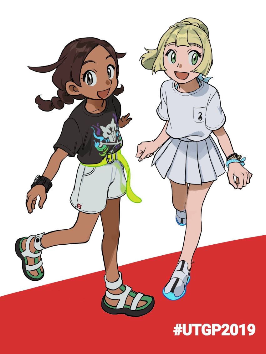 2girls :d alolan_marowak bangs black_shirt blonde_hair bracelet braid brown_hair character_print commentary_request elizabeth_(tomas21) eyelashes green_eyes green_footwear grey_eyes highres jewelry leg_up lillie_(pokemon) long_hair looking_at_viewer multiple_girls open_mouth pleated_skirt pokemon pokemon_(game) pokemon_usum sandals selene_(pokemon) shirt shoes short_sleeves shorts skirt smile standing t-shirt twin_braids unown z-ring