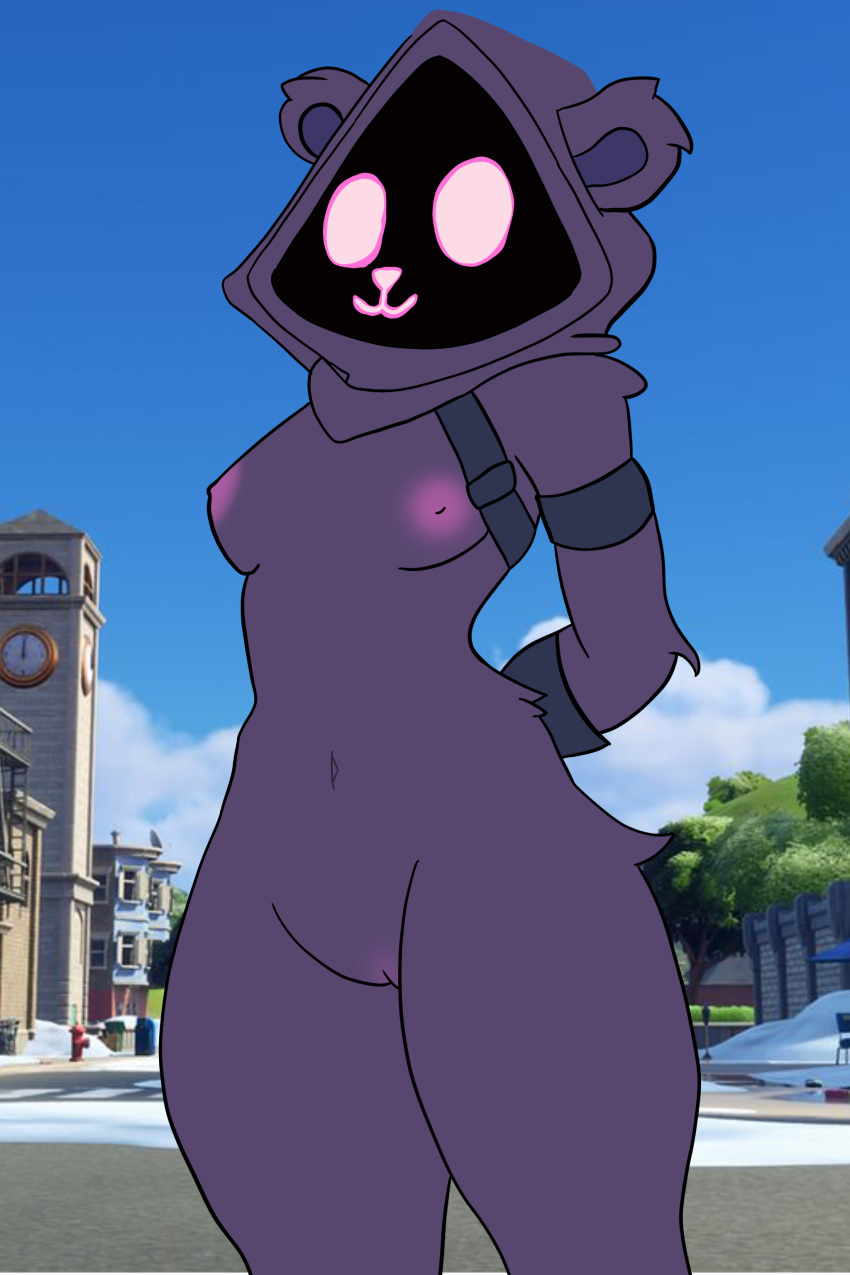 absurd_res anthro areola epic_games female fortnite fur hands_behind_back hi_res hikaridraws navel nude pink_areola pink_eyes pink_mouth pink_nose purple_body purple_fur raven_team_leader solo