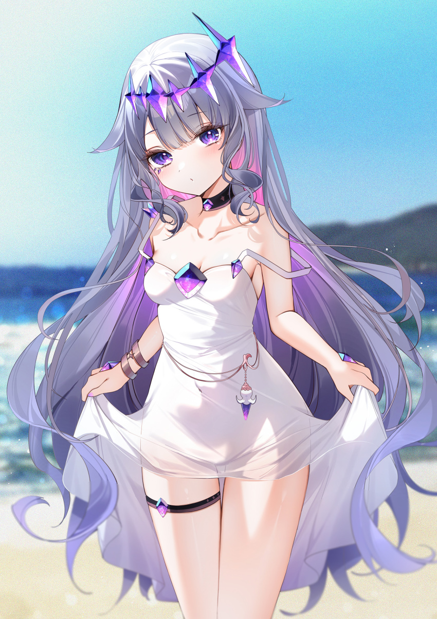 1girl absurdres bare_shoulders beach black_choker blue_sky breasts chest_jewel choker closed_mouth clothes_lift collarbone colored_inner_hair commentary covered_navel day dress dress_lift grey_hair highres hololive hololive_english jewel_under_eye koseki_bijou koseki_bijou_(1st_costume) lifted_by_self long_hair medium_breasts multicolored_hair ocean outdoors pink_hair purple_eyes purple_hair sky solo standing thighs very_long_hair virtual_youtuber white_dress yukineko1018