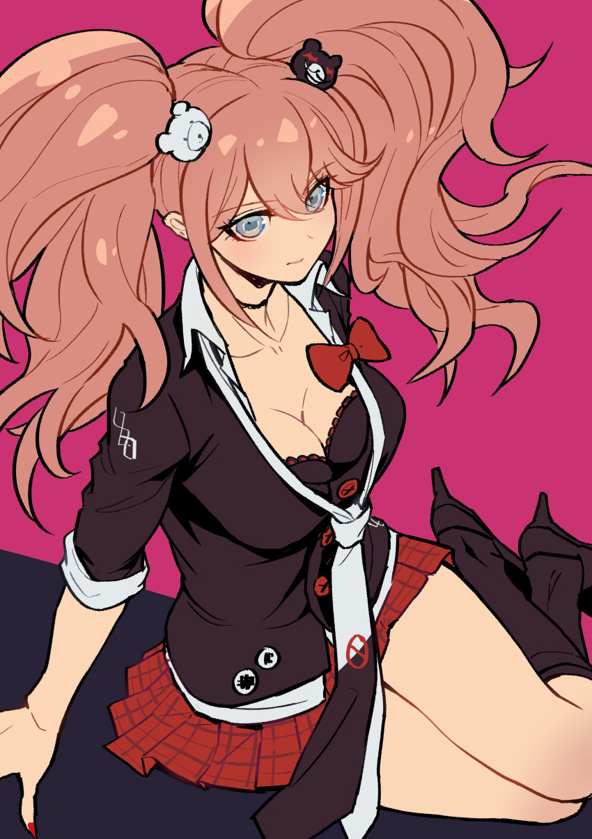 1girl absurdres bear_hair_ornament big_hair black_shirt blonde_hair bow breasts choker cleavage collarbone danganronpa:_trigger_happy_havoc danganronpa_(series) enoshima_junko hair_ornament highres large_breasts long_hair nail_polish necktie red_bow red_nails red_skirt shirt skirt smile solo twintails two-tone_necktie youko-shima