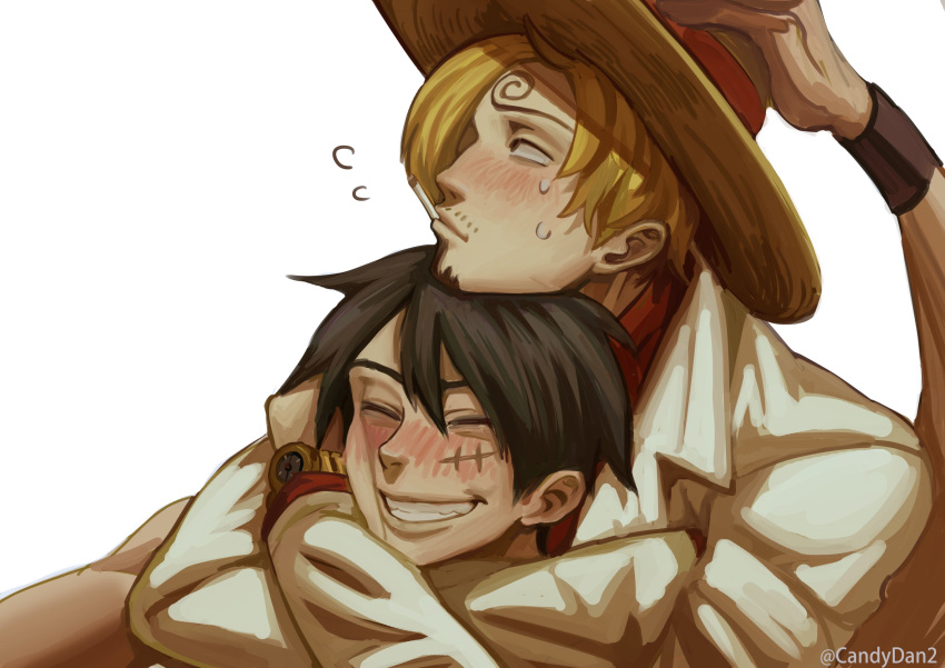 2boys absurdres black_hair blonde_hair blush borrowed_clothes cigarette closed_eyes curly_eyebrows english_commentary facial_hair flying_sweatdrops full-face_blush grin hand_on_another's_head hand_on_headwear happy hat highres hug jacket long_sleeves male_focus monkey_d._luffy mouth_hold multiple_boys one_piece red_shirt rita_ya sanji_(one_piece) scar scar_on_cheek scar_on_face shirt short_hair simple_background smile straw_hat stretched_limb sweatdrop teeth upper_body watch white_background white_jacket wristwatch yaoi