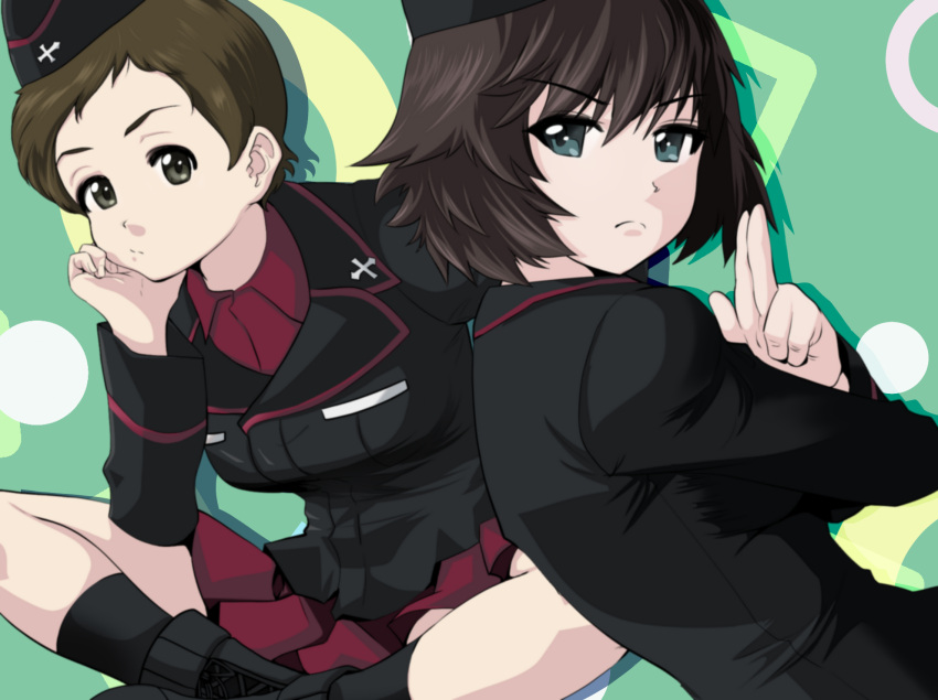 2girls ankle_boots black_footwear black_hair black_hat black_jacket black_socks blue_eyes boots brown_eyes brown_hair closed_mouth dress_shirt frown garrison_cap girls_und_panzer hand_on_own_face hat head_rest hida_ema highres indian_style insignia jacket kojima_emi kuromorimine_military_uniform leaning_forward long_sleeves looking_at_viewer looking_back military_hat military_uniform miniskirt multiple_girls pleated_skirt red_shirt red_skirt salute shadow shirt short_hair sitting skirt socks two-finger_salute uniform very_short_hair wing_collar yoyokkun