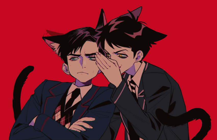 2boys animal_ears animification aqua_eyes black_hair cat_boy cat_ears cat_tail closed_mouth collared_shirt crossed_arms jacket long_sleeves multiple_boys multiple_persona number_five open_clothes open_jacket open_mouth qin_(7833198) red_background school_uniform shirt short_hair simple_background smile sweater_vest tail the_umbrella_academy whispering whispering_in_ear white_shirt yellow_eyes