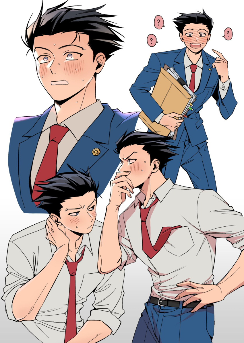 1boy ? ace_attorney belt belt_buckle black_belt black_hair blue_eyes blue_jacket blue_pants blush buckle collared_shirt covering_own_mouth embarrassed feet_out_of_frame file frown full-face_blush hand_on_own_hip hand_on_own_neck highres jacket looking_at_viewer looking_to_the_side male_focus necktie necktie_in_pocket pants phoenix_wright pointing pointing_at_self pusna1031 red_necktie shirt shirt_tucked_in short_hair speech_bubble spiked_hair sweat v-shaped_eyebrows white_background white_shirt