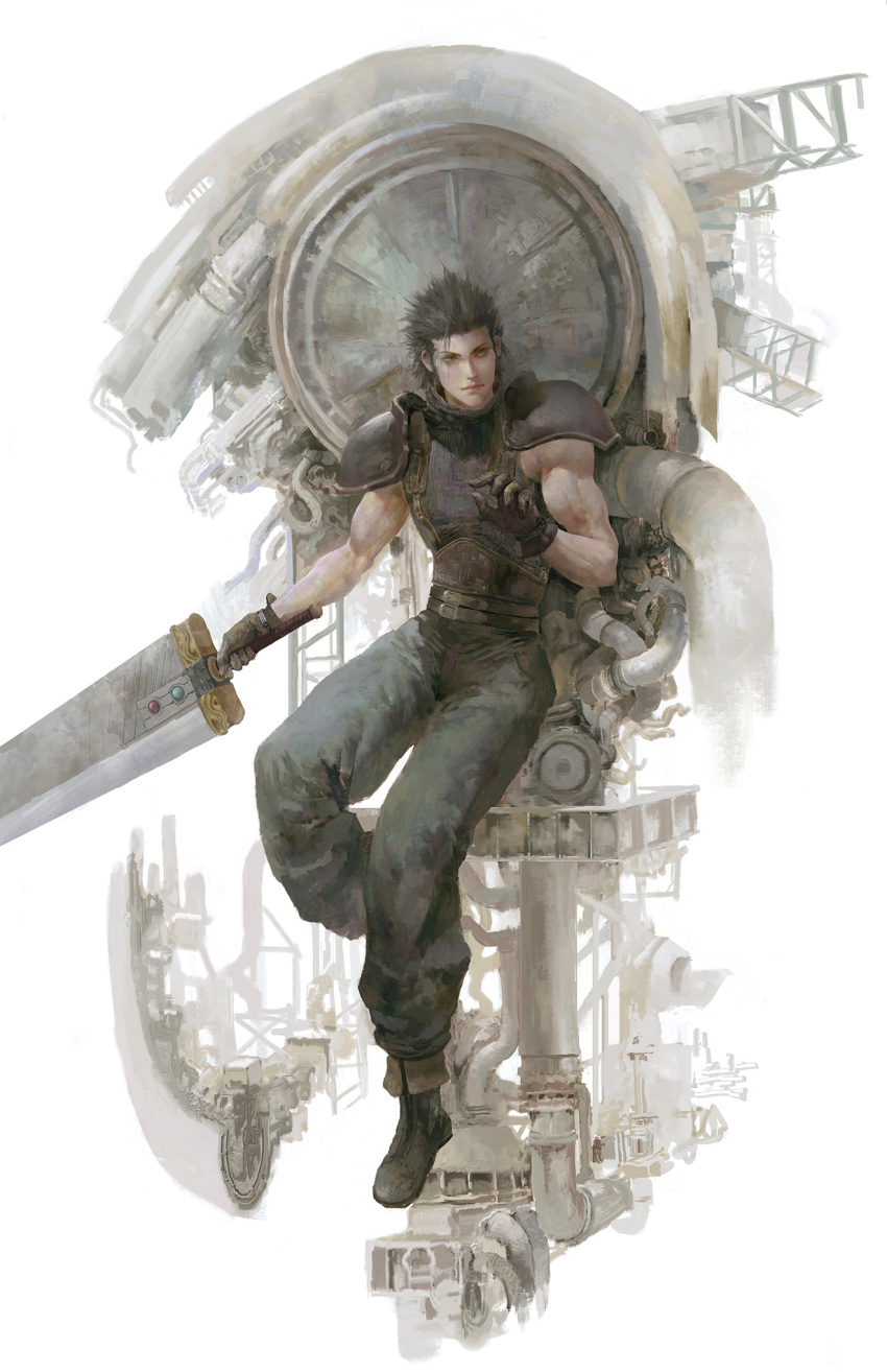 1boy armor baggy_pants belt black_gloves black_hair boots buster_sword christian_angel crisis_core_final_fantasy_vii final_fantasy final_fantasy_vii full_body gloves grey_pants hair_slicked_back highres holding holding_sword holding_weapon looking_at_viewer male_focus medium_hair multiple_belts pants shoulder_armor sitting sleeveless sleeveless_turtleneck solo suspenders sword turtleneck weapon zack_fair