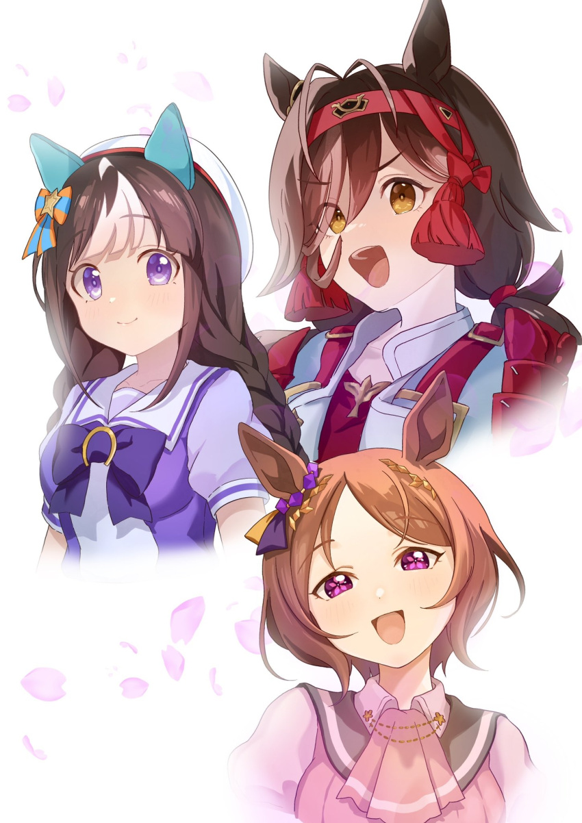 3girls :d animal_ears ascot beret black_hair bow bowtie braid brown_hair cherry_blossoms ear_bow ear_covers hachimaki hat head_tilt headband highres hokko_tarumae_(umamusume) horse_ears horse_girl horseshoe_ornament long_braid long_hair looking_at_viewer moko39_takasora multiple_girls no_reason_(umamusume) parted_bangs petals pink_ascot puffy_short_sleeves puffy_sleeves purple_bow purple_bowtie purple_eyes purple_serafuku purple_shirt red_headband sailor_collar sailor_shirt sakura_laurel_(umamusume) school_uniform serafuku shirt short_hair short_sleeves smile tracen_school_uniform twin_braids two-tone_bow umamusume upper_body white_hair white_hat yellow_eyes